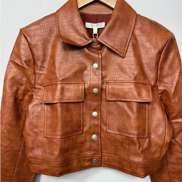New WAYF Croc Embossed Crop Faux Leather Jacket in Brown Size M - Picture 6 of 13
